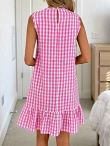 Vestido de verano estilo bohemio con cuello redondo sin mangas y corte evasé a dos colores a cuadros, vestido esencial para vacaciones y uso diario al aire libre - Rosa - Ver 3