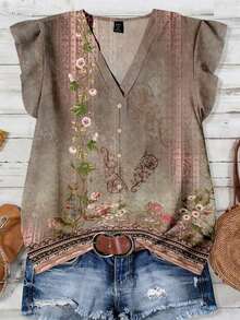 Blusa casual con cuello en V, estampado floral y volante en el bajo, adecuada para el verano - Multicolor 2 - Ver 6