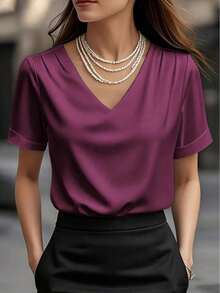 1 pieza Blusa de mujer de unicolor de satén con cuello en V y manga corta, elegante y de moda para uso diario, oficina, hogar, citas, primavera/verano, color negro casual - Morado - Ver 6