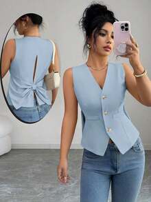 Camiseta de tirantes de mujer de algodón a rayas con lazo y escote en V sin espalda.Ajustada y que realza la figura, muestra por completo el encanto femenino.Adecuada para otoño e invierno, es una opción ideal para citas, vacaciones, ir al - Celeste - Ver 1