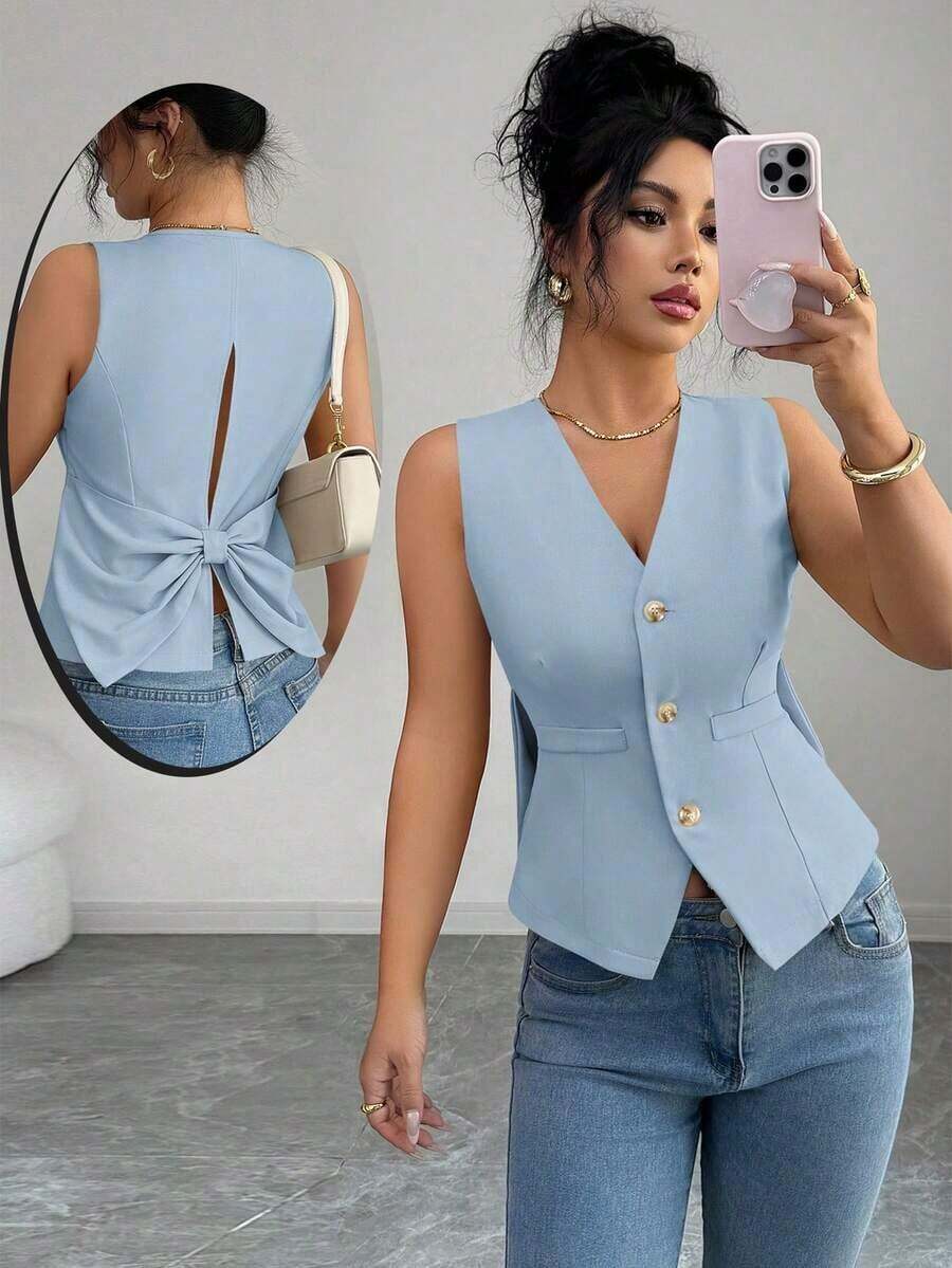 Camiseta de tirantes de mujer de algodón a rayas con lazo y escote en V sin espalda.Ajustada y que realza la figura, muestra por completo el encanto femenino.Adecuada para otoño e invierno, es una opción ideal para citas, vacaciones, ir al - Celeste - Ver 1