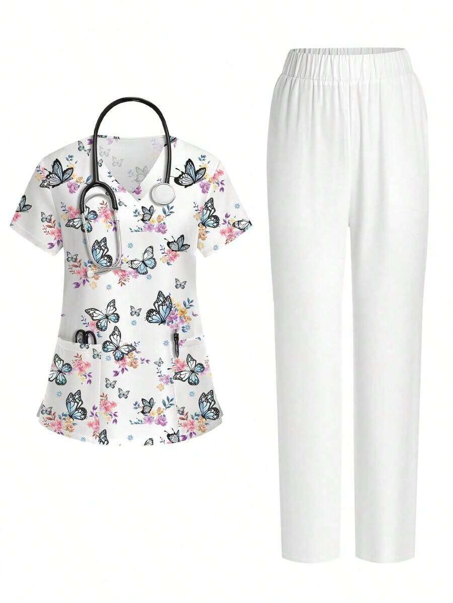 Conjunto de 2 piezas con top de manga corta con cuello en V blanco con bolsillo y diseño de oreja colgante, estampado de mariposa y flores, y pantalón recto para mujer, uniforme de enfermera de primavera/verano, conjunto casual, uniforme - Multicolor 5 - Ver 1