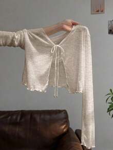 Vestido camisero con adorno de encaje, chaqueta de punto de manga larga para mujer, protección solar de verano - Marrón Mocha - Ver 7