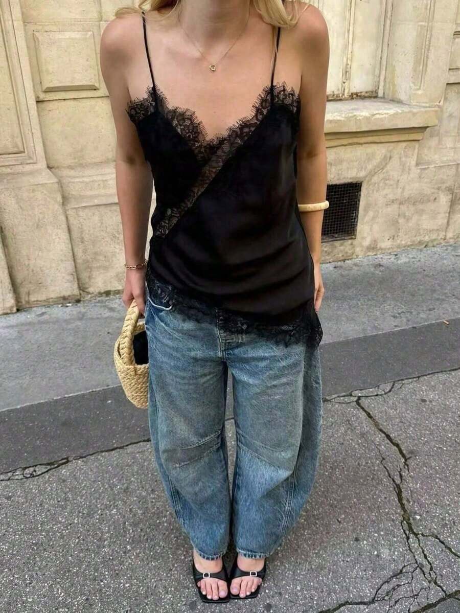 Nuevo Top de estilo lencería con decoración de encaje de moda europea para mujer, estilo veraniego - Negro F2 - Ver 1