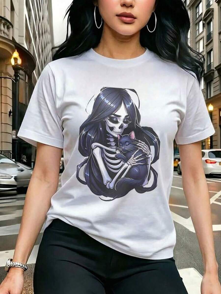 Women's Plus Size Black Vintage Y2K T-Shirt, Casual Graphic Tee Ho De Uste Loose Short Sleeve Round Neck Summer Tee With Skeleton Woman Holding A Black Cat Print, Gothic And Dark Art - 白色 - 查看 1