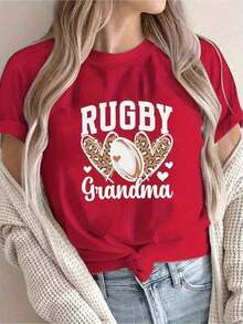 Solt 1 pieza [Recomendación de Nueva Llegada] Camiseta con Estampado de Abuela Jugando Rugby, Casual para Mujer, Vacaciones, Manga Corta, Cuello Redondo, Primavera Verano, Lavable a Máquina, Nueva Moda Femenina, Estilo Urbano Versátil, Efecto Adelgazante, Ropa Deportiva de Invierno para Mujer, 100% Algodón con Estampado Gráfico - Rojo - Ver 8