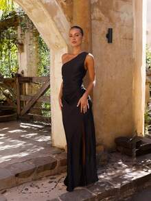 Elegant Satin Dress With Off-The-Shoulder Fitted Cut, Glamorous Style - 黑色 - 查看 6