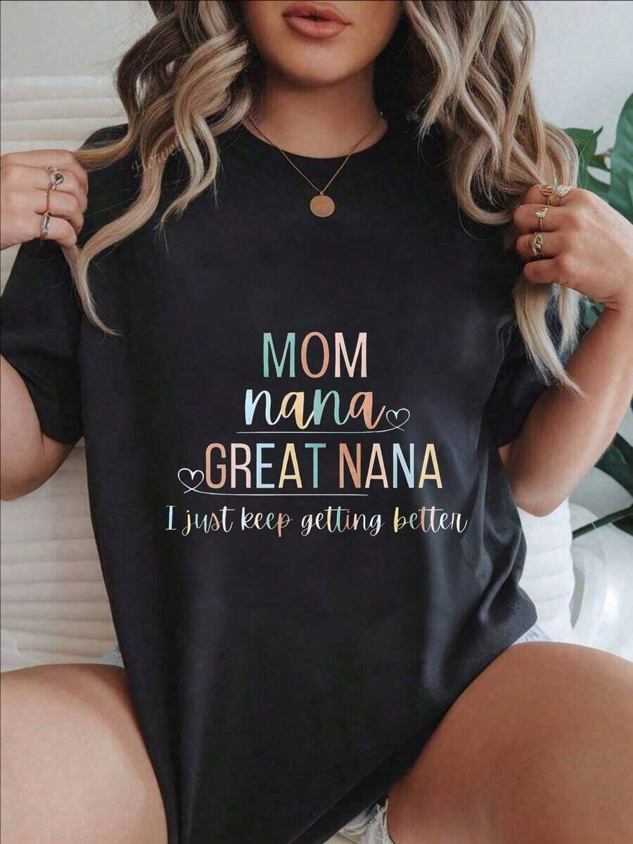 Camiseta Casual de Manga Corta para Mujer - Mamá, Nana, Gran Nana, Sigo Mejorando, Cuello Redondo, Top de Verano, Lavable a Máquina, Camisetas para Damas, Ropa Casual, Estilo Moderno, Ajuste Cómodo
Negro - Negro - Ver 1