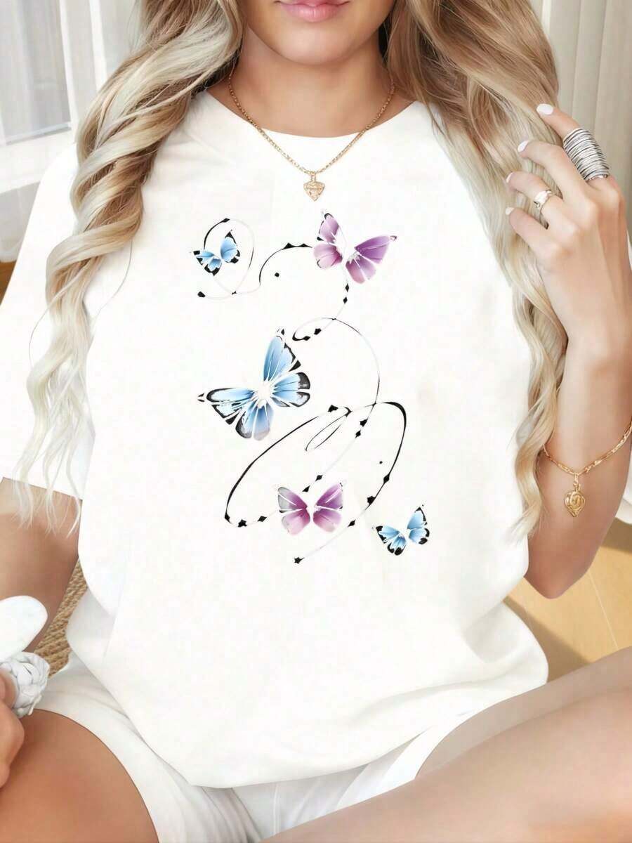 Women's Short-Sleeved T-Shirt With A Round Neck, Fun Butterfly Print, Loose Fit, Casual Graphic Tee, Black. Suitable For Valentine's Day, Christmas, Parties, Sports Activities, Holidays, Outings, And Other Festive Gifts (220g). Leisure - 白色 - 查看 1