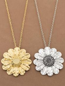 SUPBORA 1pc Fashionable Silver/Matte Gold Large Bohemian Style Metal Flower Pendant Necklace - Gold and Silver - View 1