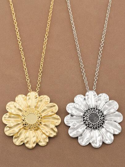 SUPBORA 1pc Fashionable Silver/Matte Gold Large Bohemian Style Metal Flower Pendant Necklace