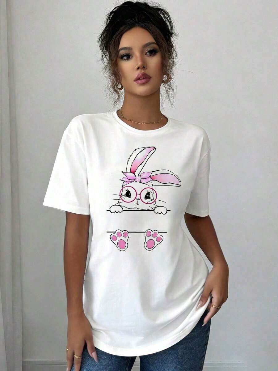 Playera de conejito de Pascua para mujer, Playeras de manga corta de talla grande para mujer, ideales para el verano y el uso diario, manga corta y cuello redondo, tela suave y transpirable - Blanco - Ver 1