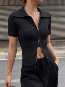 Chaqueta de punto con cremallera de unicolor casual de negocios para mujer - Negro - Ver 3