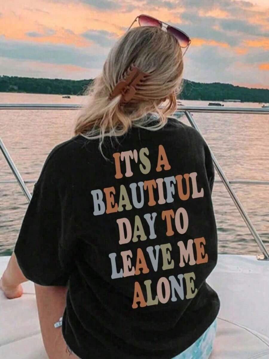 Altamente recomendado. Estilo sencillo. Es un hermoso día para dejarme en paz. Camiseta de manga corta para mujer con estampado de la letra S, cuello redondo regular, fácil de combinar. - Negro - Ver 1