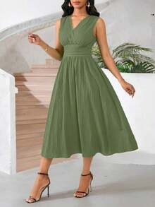 Vestido veraniego sin mangas de mediana longitud para mujer, de tela tejida con textura en color verde - Verde militar - Ver 5