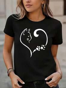 Camiseta Casual Casual Cat para Mujer, 1 Pieza, Oversize, con Estampado Gráfico, Manga Corta, Novedosa, 100% Poliéster, Cuello Redondo, Estilo Casual, Camiseta Moderna y a la Moda - Negro - Ver 6