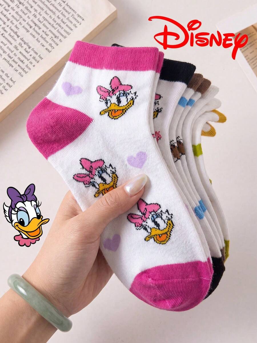Disney 10/5/1 双迪士尼卡通短袜礼品,夏季女袜米妮印花袜,迪士尼船袜米妮、黛西、奇奇和蒂蒂,舒适透气时尚女袜,可爱少女风透气百搭白色袜子 - 彩色 - 查看 1