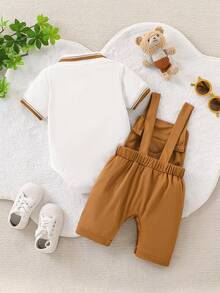 2pcs/Set Baby Boy Stylish Lightweight Short Sleeve Polo Shirt And Cute Brown Bear Handsome Overalls, Spring/Summer New Style, Daily Wear - Khaki - View 5