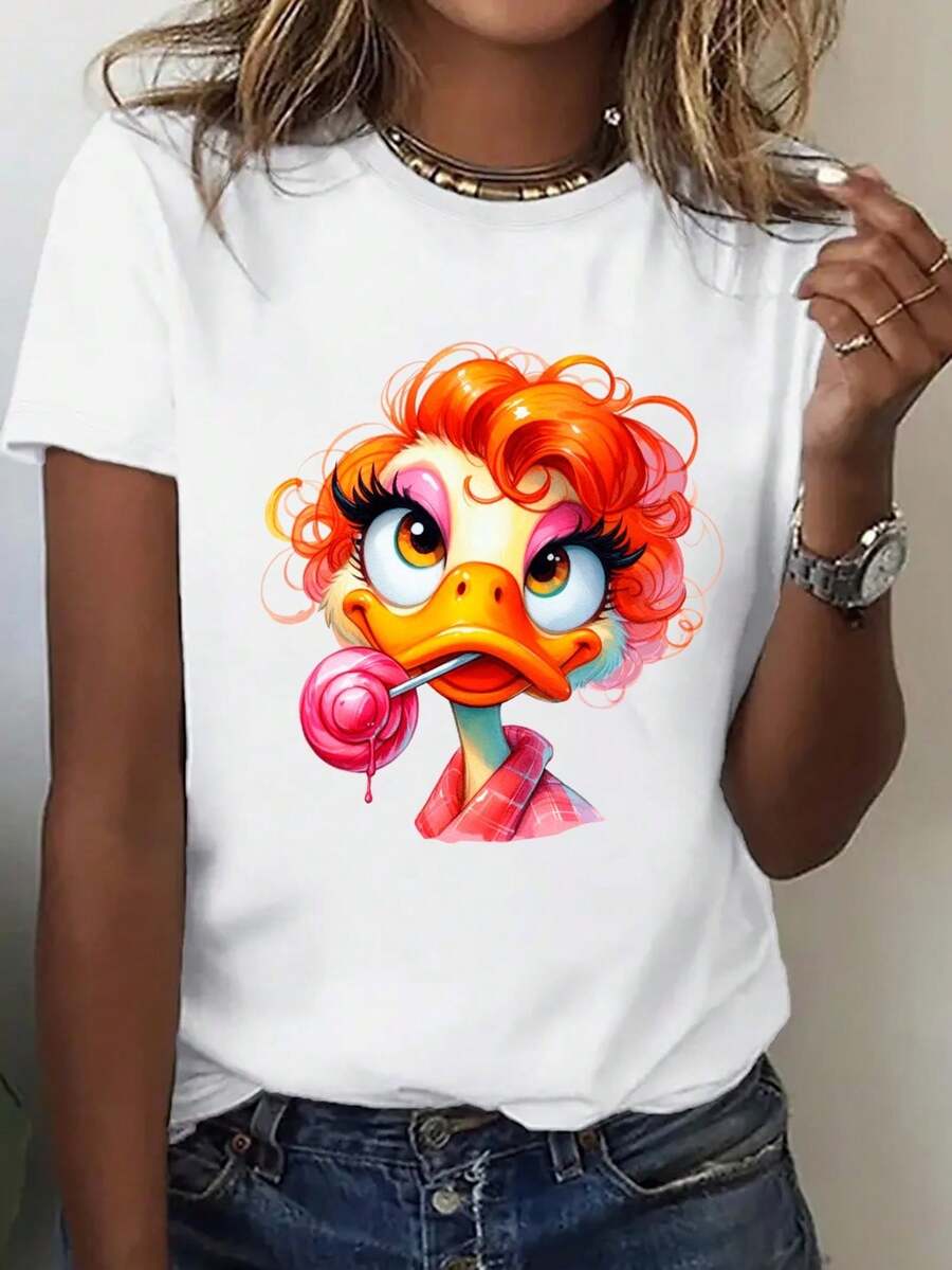 Plus Size Women's Clothing, 200 Gram Loose Fit T-Shirt With Casual Vintage Design, Black Street Style For Spring And Summer, New Season Fashion, Bold Prints, Breathable Fabric, Short Sleeve T-Shirt. - 白色 - 查看 1