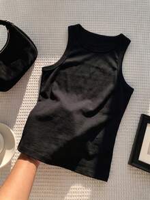 Summer New Arrival Minimalist Casual Round Neck Sleeveless Fitted Versatile Tank Top For Women - Black - View 4