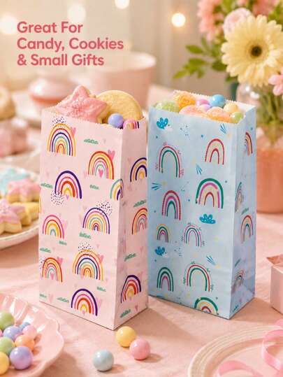 4 piezas/8 piezas/16 piezas/24 piezas Bolsas de regalo de papel arcoíris para recuerdos de fiesta, bolsas de papel Kraft de colores para caramelos, galletas, regalos pequeños, embalaje de aperitivos, bolsas de golosinas para panaderías y aulas, bolsas de recuerdos con lindo patrón de arcoíris rosa y azul para fiestas de cumpleaños, baby shower, revelación de género, mesa de postres de boda, regreso a la escuela