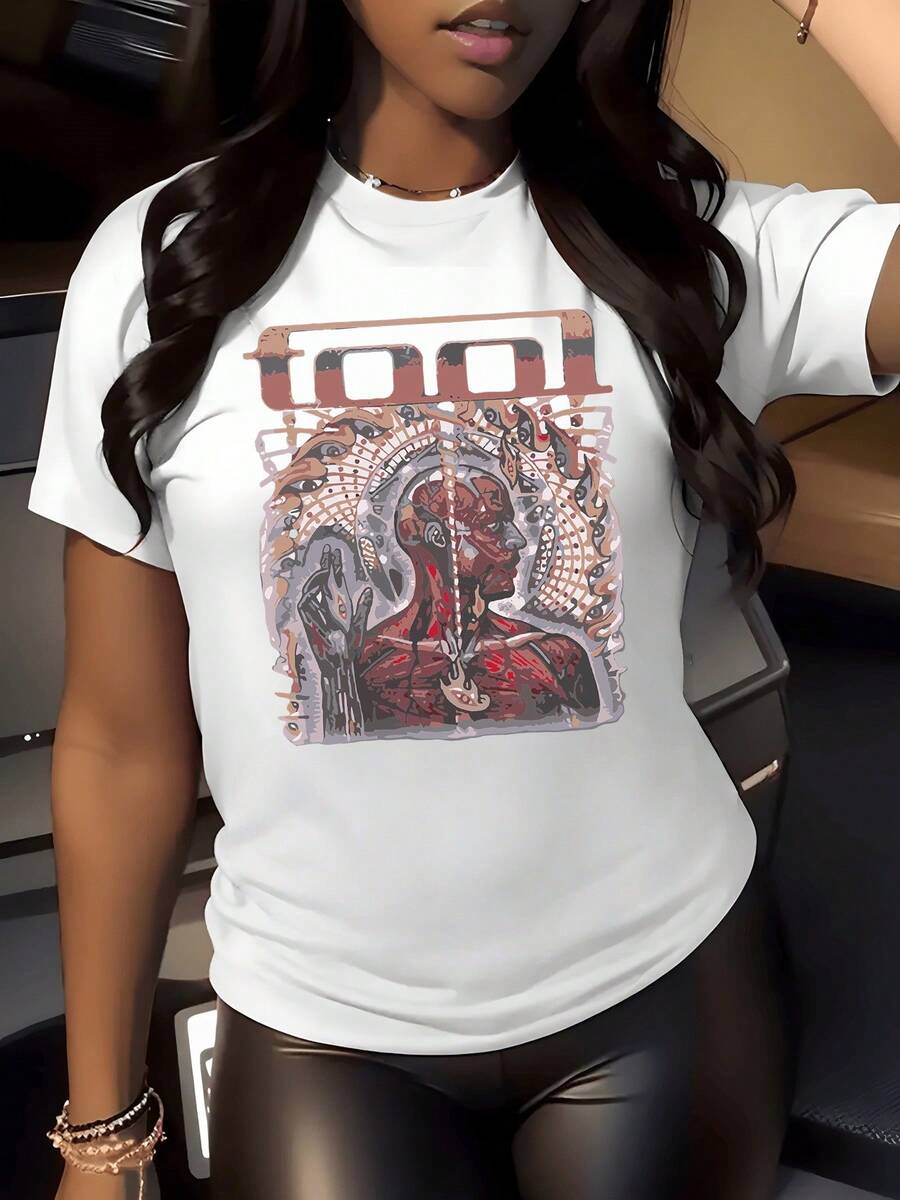 Figura abstracta de cuerpo humano fusionado con elementos orgánicos y círculos místicos que simbolizan conexión interior y energía espiritual en tonos rojos y grises camiseta de mujer moderna casual para uso diario - Blanco - Ver 1