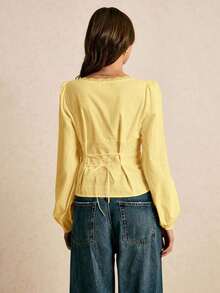 Blusa de manga larga elegante con ribete de encaje de unicolor para mujer - Amarillo claro - Ver 8