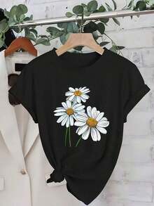 Camiseta 100% algodón con estampado de margaritas, top deportivo casual de manga corta y cuello redondo, adecuada para ropa de mujer de primavera y verano, camiseta de algodón transpirable, combina con todo, 100% algodón. - Negro - Ver 6