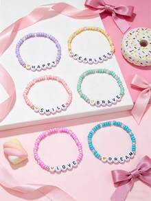 6pcs Kids Inspirational Letter Bracelets Set | Macaron Color Beaded Bracelets For Girls Friendship Jewelry - Multicolor - View 1