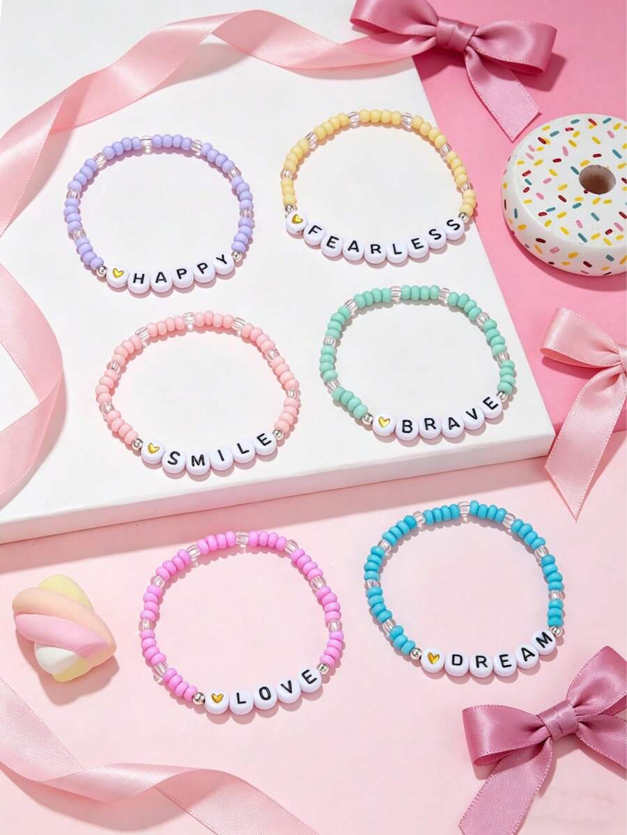 6pcs Kids Inspirational Letter Bracelets Set | Macaron Color Beaded Bracelets For Girls Friendship Jewelry - Multicolor - View 1