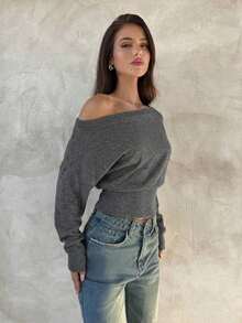 Top de manga larga asimétrico de hombro de punto de color albaricoque para mujer, otoño/invierno - Gris - Ver 4