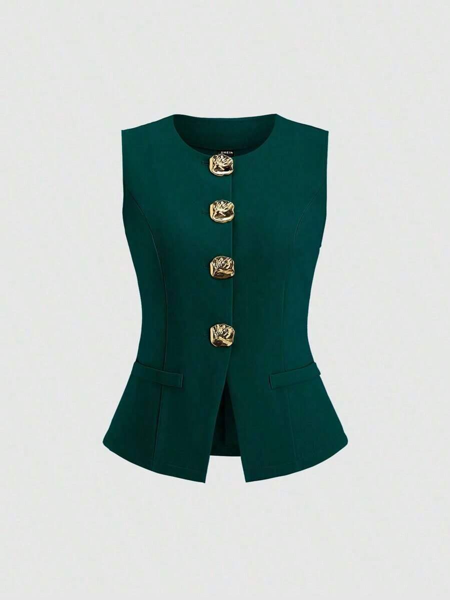 delgado sin mangas para mujer con botones metálicos grandes de estilo minimalista francés - Verde Oscuro - Ver 1
