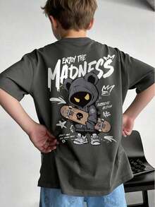 Boys' Short-Sleeved Crew Neck T-Shirt, Casual Summer Style, With A Graphic Print Of A Skateboarding Bear And The Slogan "Enjoy The Madness". Loose-Fitting T-Shirt For Urban Style And Everyday Wear For Kids - 灰色 - 查看 8