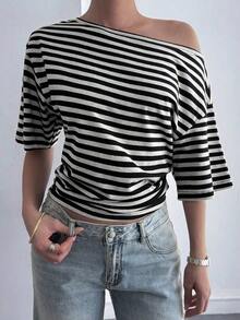 Blusa holgada y casual de mujer con rayas y parches, cuello oblicuo y manga corta, elegante estilo callejero para primavera, verano y otoño - Blanco y Negro 2 - Ver 6