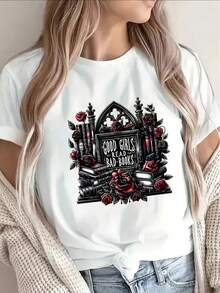 Women's Black, Pure Cotton, Short-Sleeved, Gothic-Style T-Shirt With A Rose And Castle Print. Lightweight And Durable, Suitable For Casual Wear At Home, In Cafes, Or In Offices. Features The "Good Book" Print. - 白色 - 查看 1