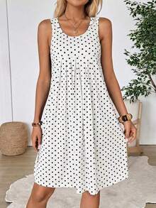 Vestido corto de verano para mujer de unicolor simple, cuello redondo, plisado y sin mangas - Albaricoque - Ver 5