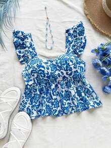 Camisa de mujer de manga corta para vacaciones de primavera/verano, de tela texturizada, adecuada para festival de música, estilo bohemio, citas de vacaciones, tarde de té - Azul y blanco 2 - Ver 1
