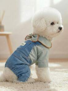 PETCIRCLE 1件宠物服装，可爱四脚套装，适合小型/中型犬，耐用易清洗，含领结项圈和背带裤 - 藍色 - 查看 2