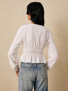 Camisa casual de mujer de unicolor con cuello en V y detalle de nudo en la parte delantera, de manga larga - Blanco 2 - Ver 8