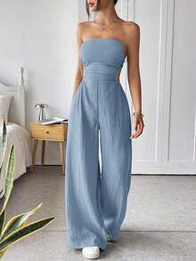 Mono de pierna ancha informal de mujer de talla grande, de algodón, con tirantes finos y espalda descubierta, para verano - Azul - Ver 5