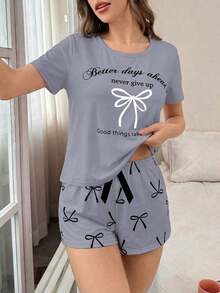 de pijama de pantalón corto y estampado de lazo y letra de manga corta - Multicolor 4 - Ver 4