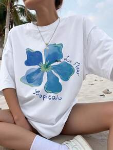 Camiseta con estampado floral, estampado de letras, camiseta casual de manga corta con cuello redondo, adecuada para vacaciones y uso diario - Camiseta unisex de algodón suelto de manga corta con cuello redondo estilo vintage, blusas para mujer. blusas.blusas casuales para dama. - Blanco - Ver 1