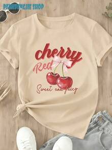 Camiseta de moda con estampado de lazo de cereza "Rojo Cereza Dulce y Jugoso" |   Moda coreana para mujeres, tops de verano para mujeres, tops de primavera para mujeres, en todo. - Albaricoque - Ver 2