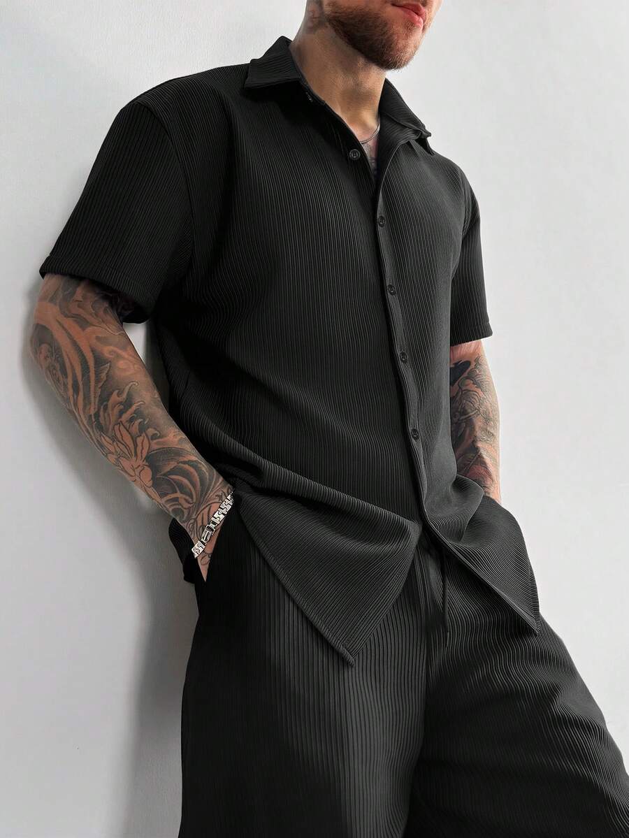 GloMan 男士純色針織紋理兩件套,鈕扣短袖襯衫、抽繩腰短褲,夏季休閒舒適套裝,適合日常、外出,送給丈夫 - 黑色 - 查看 1