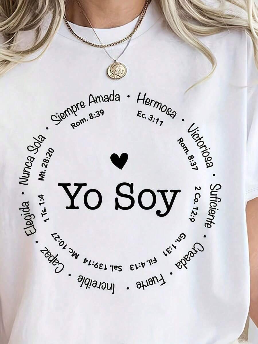 short sleevesYO SOY Camiseta de Manga Corta para Mujer Talla Grande - Estampado de Versículos Bíblicos y Afirmaciones Inspiradoras en Español, Letras Negras, Blanca, Cómoda para Primavera, Verano y Otoño, Top Casual para Uso DiarioLeisure - Blanco - Ver 1