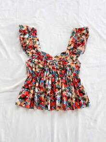 Blusa de corte de línea A con cuello cuadrado, manga corta y estampado retro azul y blanco, adecuada para fiestas, citas, el Día de San Valentín, el té de la tarde - Multicolor - Ver 2