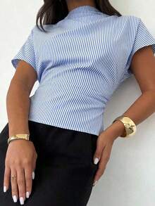 Blusa de bambú y lino con cuello arrugado, mangas asimétricas, plisado lateral y cintura ceñida, para uso diario, color albaricoque, para todas las estaciones - Azul y blanco - Ver 6