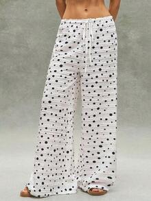 Bohemian Style Outerwear For Fall/Winter, Women's Casual Holiday Style High-Waisted Wide-Leg Pants With Lace Ruffles, Perfect For The Beach, Vacation, Western Country Style, Concerts, Daily Wear, Back To School, Halloween, Christmas - 淡粉紅色 - 查看 2