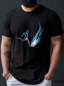 Men's Summer T-Shirt, Football Player Design, Flaming Ball Design, Casual Short-Sleeved T-Shirt, Football Print T-Shirt, Vintage Football T-Shirt, Cotton T-Shirt. - Black - View 6