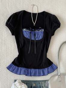 Blusa de verano elegante con volantes en el bajo, estampado de flores diminutas y parches - azul real - Ver 4